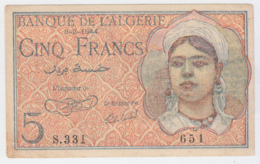 Algeria 5 Francs 8-2- 1944 VF+ Banknote Pick 94a 94 A - Algérie