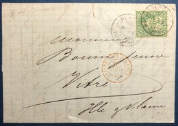 Suisse Lettre N°45 25c Vert Obl Geneve Pour Vitré + Cachet Rouge D'entrée Suisse / AMB.M.Cenis  Superbe !! - Brieven En Documenten