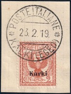 REGNO ITALIA - KARKI/CARCHI (EGEO) FRANCOBOLLO C. 2 SERIE AQUILA SABAUDA ANNULLATO SU FRAMMENTO 23.12.1919 - SASSONE 1 - Egeo (Carchi)