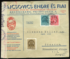 BÉKÉSCSABA 1940. Cenzúrás Levél, Krajcsovics Endre és Fiai , Drezdába Küldve - Lettres & Documents