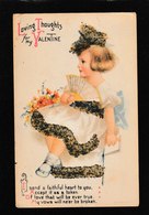 Ellen Clappsaddle - Pretty Young Valentine Girl Outlined In Glitter - Wolf Antique Postcard - Clapsaddle