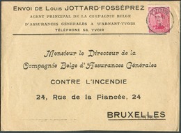 N°138 - 10 Centimes Obl. Sc YVOIR Sur Lettre En-tête LOUIS JOTTARD FOSSEPREZ Assurance, Du 1-I -1919 Vers Bruxelles - 15 - 1914-1915 Red Cross