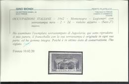 MONTENEGRO 1942 FRANCOBOLLO DI JUGOSLAVIA YUGOSLAVIA STAMP BLACK OVERPRINTED SOPRASTAMPA NERA 2+2d MNH CERTIFICATO - Montenegro