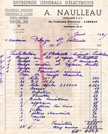87- LIMOGES- FACTURE A. NAULLEAU-ENTREPRISE GENERALE ELECTRICITE- TSF-33 FAUBOURG MONTJOVIS- 1941 - Electricité & Gaz