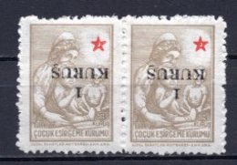 1952 TURKEY SURCHARGE ERROR - 1 KURUS SURCHARGED TURKISH SOCIETY FOR THE PROTECTION OF CHILDREN PAIR MNH ** - Wohlfahrtsmarken