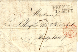 1842- Lettre De NIZZA  ( Royaume De Sardaigne ) Taxe 7 D Pour Montpellier -entrée SARDAIGNE / ANTIBES  Rouge - Marques D'entrées