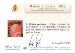 ANTICHI STATI SICILIA 1859 5 GR CARMINIO I TAV SASONE 9a CV 1400 PERIZIATO LUIGI GUIDO - Sizilien