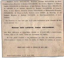 VP16.815 - SAINT CRESPIN LORLEAU 1876 - Faire - Part De Décès De Mme Julie LONGER Femme FOULONGNE - Décès