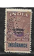 India Bombay State Insurance Stamp 40 Naye Paise Perfin - Oblitérés