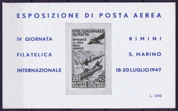 ITALY  ESPOSIZIONE DI POSTA AEREA   IV GIORNATA FILATELICA    RIMINI S. MARINO 1947 - Poste Aérienne