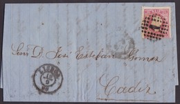 1868. LISBOA A CÁDIZ. 25 REIS ROJO MAT. NUMERAL 1. FECHADOR Y MARCA REMITENTE. LLEGADA MARCA CADIZ/FRANCO. - Altri & Non Classificati