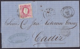 1868. LISBOA A CÁDIZ. 25 REIS ROJO MAT. NUMERAL 1. FECHADOR Y MARCA REMITENTE. LLEGADA MARCA CADIZ/FRANCO. - Altri & Non Classificati