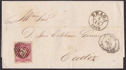 1868. BRAGA A CÁDIZ. 25 REIS ROJO MAT. NUMERAL 56. FECHADOR Y MARCA REMITENTE. A LA LLEGADA MARCA CADIZ/FRANCO. - Other & Unclassified