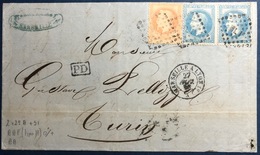 Lettre Lauré N°29 X2 & 31 Obl ML1 Ligne Marseille à Lyon 1 Pour L'italie Turin TTB - 1863-1870 Napoleon III With Laurels