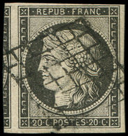 EMISSION DE 1849 - 3c   20c. GRIS-NOIR, Voisin à Gauche, Obl. GRILLE, TTB/Superbe. C - 1849-1850 Cérès