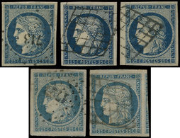 EMISSION DE 1849 - 4    25c. Bleu, 5 Ex. Choisis, Nuances, TTB/Superbes - 1849-1850 Cérès