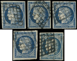 EMISSION DE 1849 - 4    25c. Bleu, 5 Ex. Obl. GRILLE, TB - 1849-1850 Cérès