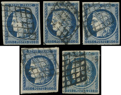 EMISSION DE 1849 - 4    25c. Bleu, 5 Ex. Obl. GRILLE, TB - 1849-1850 Ceres