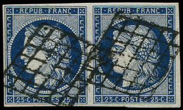 EMISSION DE 1849 - 4a   25c. Bleu Foncé, PAIRE Obl. GRILLE, TB/TTB - 1849-1850 Cérès