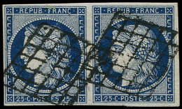 EMISSION DE 1849 - 4a   25c. Bleu Foncé, PAIRE Obl. GRILLE, TB/TTB - 1849-1850 Ceres