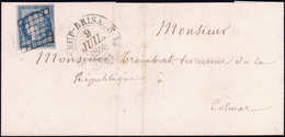 Let EMISSION DE 1849 - 4    25c. Bleu, Obl. GRILLE S. LSC, Càd T12 NEUF-BRISACH 9/7/50, Arr. COLMAR 9/7, TB - 1849-1850 Cérès