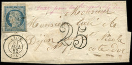 Let EMISSION DE 1849 - 4    25c. Bleu, Obl. S. LSC, Càd T15 LYON 31/5/52, "taxe Pour Timbre Ayant Déjà Servi" Et Taxe 25 - 1849-1850 Cérès