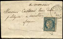 Let EMISSION DE 1849 - 4    25c. Bleu, Défx Obl. PC 389 Sur LAC, Càd BEZIERS 10/10/52 Pour Le Camp De AIN-SULTAN, TB - 1849-1850 Cérès