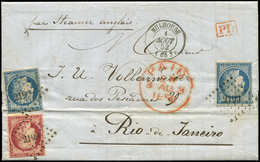 Let EMISSION DE 1849 - 4 Et 6, 25c. Bleu (2) Et 1f. Carmin Touché En Haut, Obl. PC 2199 S. LAC, Càd T15 MULHOUSE 1/8/52, - 1849-1850 Cérès