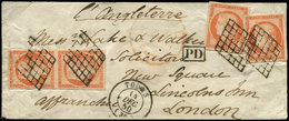 Let EMISSION DE 1849 - 5    40c. Orange, PAIRE Et 2 Unités Obl. GRILLE S. Env., Càd T15 TOURS 14/12/50, Arr. LONDON, Aff - 1849-1850 Cérès