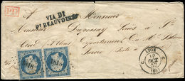 Let PRESIDENCE - 10   25c. Bleu, PAIRE Obl. PC 1818 S. Env., Càd T15 C LYON C 10/10/53, Griffe VIA DI/Pt BEAUVOISIN, Arr - 1852 Louis-Napoleon