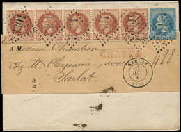 Let EMPIRE LAURE - 26A Et 29A, 2c. Rouge-brun T I BANDE De 5 Et 20c. Bleu T I, Obl. GC 3301 S. Imprimé Sous Bande Du Gre - 1863-1870 Napoléon III. Laure
