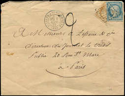 Let SIEGE DE PARIS - Q36  10c. Bistre-jaune, MOITIE De Timbre Et N°37 20c. Bleu Obl. GC 4245 S. Env., Càd T17 VILLEFRANC - 1870 Assedio Di Parigi