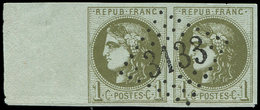 EMISSION DE BORDEAUX - 39C   1c. Olive, R III, PAIRE Grand Bdf, Obl. GC 3133, Pli Horizontal, Aspect Superbe. C - 1870 Emisión De Bordeaux