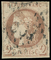 EMISSION DE BORDEAUX - 40A   2c. Chocolat Clair, R I, Obl. GC, Frappe Trouble, TB, Certif. Calves-Jacquart - 1870 Emisión De Bordeaux