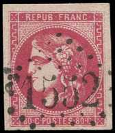 EMISSION DE BORDEAUX - 49c  80c. Rose CARMINE FONCE, Jolie Nuance, Obl. GC 1552, Superbe - 1870 Emisión De Bordeaux