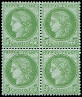** CERES DENTELE - 53    5c. Vert-jaune Sur Azuré, BLOC De 4, Très Bon Centrage, Fraîcheur Postale, Superbe - 1871-1875 Cérès