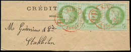 Let CERES DENTELE - 53    5c. Vert, BANDE De 3 Obl. Càd IMPRIMES PARIS PD En ROUGE S. Bande Pour STOCKHOLM 30/12/74, TTB - 1871-1875 Cérès