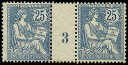 ** EMISSIONS DU XXème SIECLE - 127   Mouchon Retouché, 25c. Bleu, PAIRE Mill.3, Ch. Sur Intervalle, Un Ex. Très Bien Cen - Unused Stamps