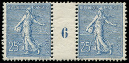 * EMISSIONS DU XXème SIECLE - 132   Semeuse Lignée, 25c. Bleu, PAIRE Mill.6, Trace De Ch., TB - Unused Stamps