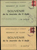 Let TIMBRES DE LIBERATION - CLUNY 1/2 : 1f. Rouge Et 1f20 Brun-rouge Obl. CLUNY 11/8/44 S. 2 Cartes Souvenir, TB - Liberation