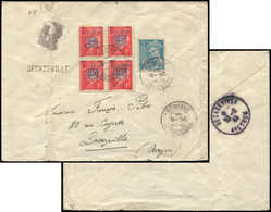 Let TIMBRES DE LIBERATION - DECAZEVILLE 4 : 1f. Rouge, BLOC De 4, 3 Ex. T II, Un Ex. T III + Poste N°549, Obl. Càd DECAZ - Liberation