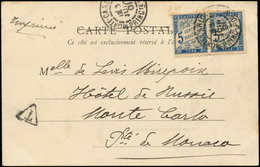 Let MONACO France Taxe N°28 5c. Bleu, PAIRE Obl. Càd MONTE CARLO 3/6/01 S. CP De Paris 31/5, TB - Postage Due