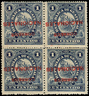 ** GUATEMALA 91a : 1c. Bleu, Surcharge RENVERSEE, BLOC De 4, Un Ex. Rouss., Les Autres TB - Guatemala