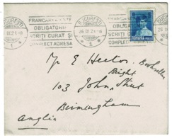 Ref 1334 - Romania 1929 Cover 10 Lei Rate Bucharest To Birmingham UK - Superb Slogan Postmark - Covers & Documents