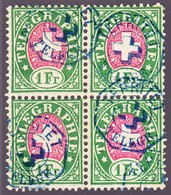 1881, 1 Fr. Grün Und Rosa 4er Block Mit Stempel Territet - Telegraph