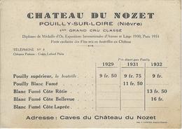 58 POUILLY SUR LOIRE CARTE DE VISITE CHATEAU DE NOZET VINS VIGNOBLES PUBLICITE NIEVRE - Cartes De Visite