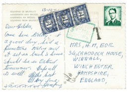 Ref 1335 - 1964 Belgium Postcard 2f To Winchester - Tax Paid Marks & 3 X 1d Postage Dues - Impuestos