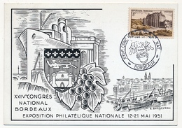 FRANCE - Carte Commémorative Et Cachet "XXIVe Congrès National BORDEAUX 1951" Expo Philatélique Nationale - Gedenkstempels