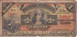 BILLETE DE BOLIVIA DE 1 BOLIVIANO DEL AÑO 1892 SERIE WW (BANKNOTE) - Bolivien