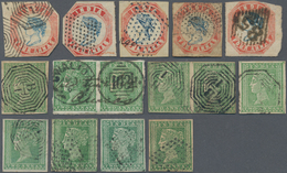 Indien: 1854-55 Litho & Typo: 37 Used Stamps Including 8 Of ½a. Blue, 7 Of 1a. Red, 10 Of 2a. Green - 1854 East India Company Administration